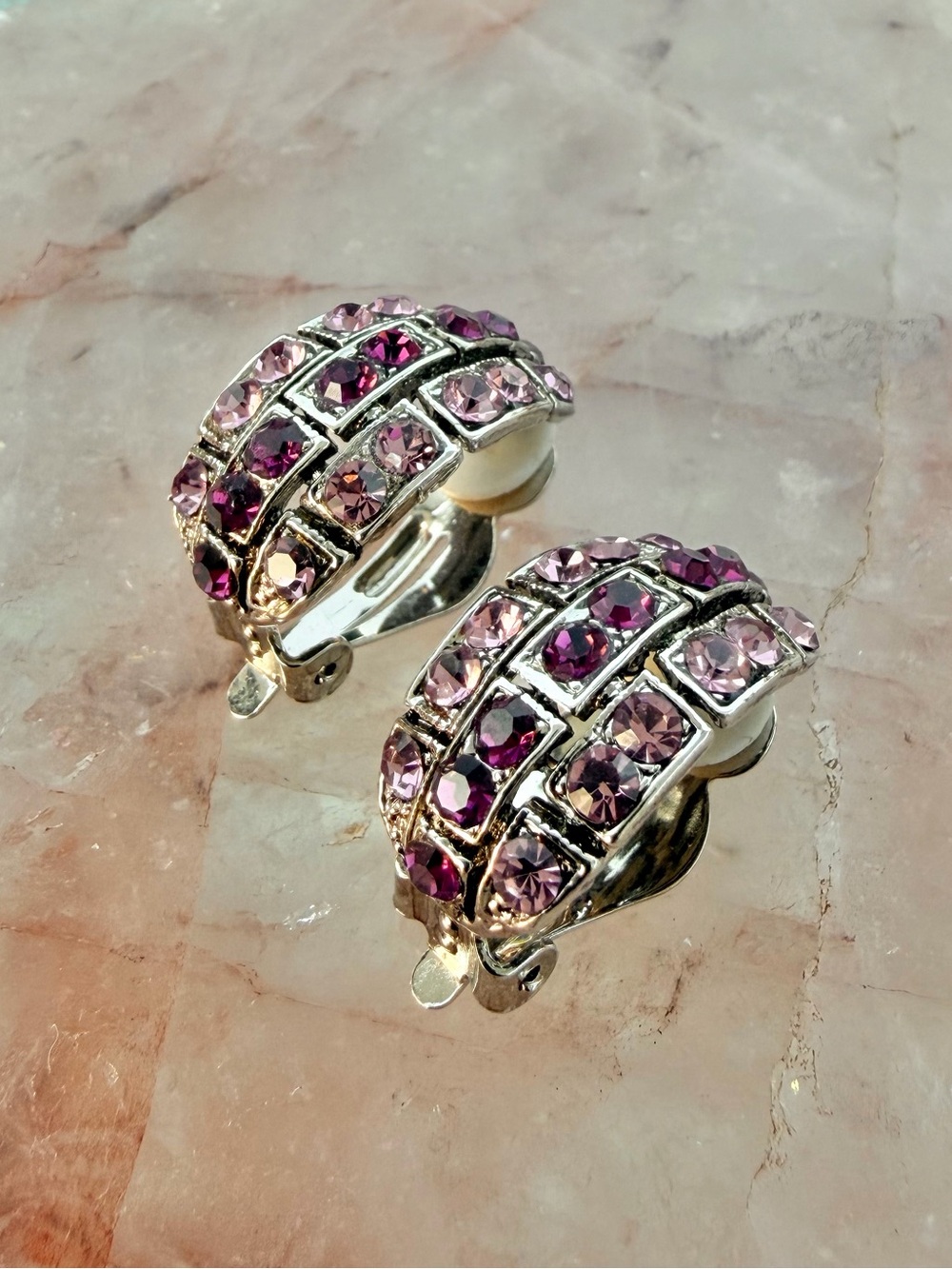Lattice Frame Pink and Purple Rhinestone Silver Tone Bling Clip-On Earrings - Picture 2 of 7